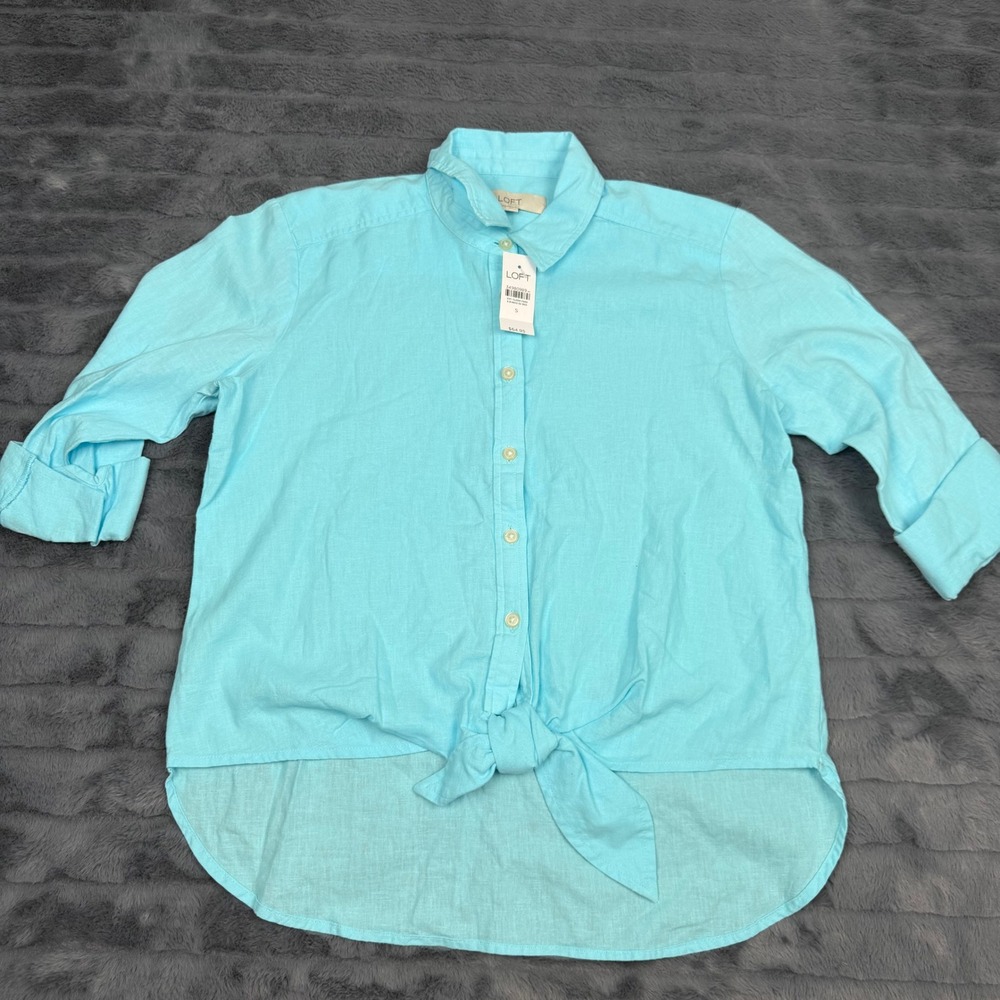 LOFT Womens Aqua Blue Linen Blend Tie Front Button Down Shirt Size S 614845